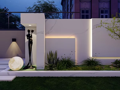 Modern Illuminated Garden Wall With Sculpture Greenery And Round Decorative Sphere 3d model