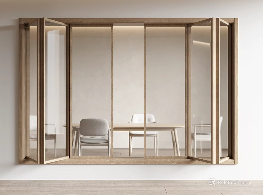 Bright Modern Room With Glass Windows Wooden Frame And Dining Table 3d model 