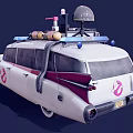 White Ghostbusters Car With Roof Equipment Lights Antenna And Red Stripes
