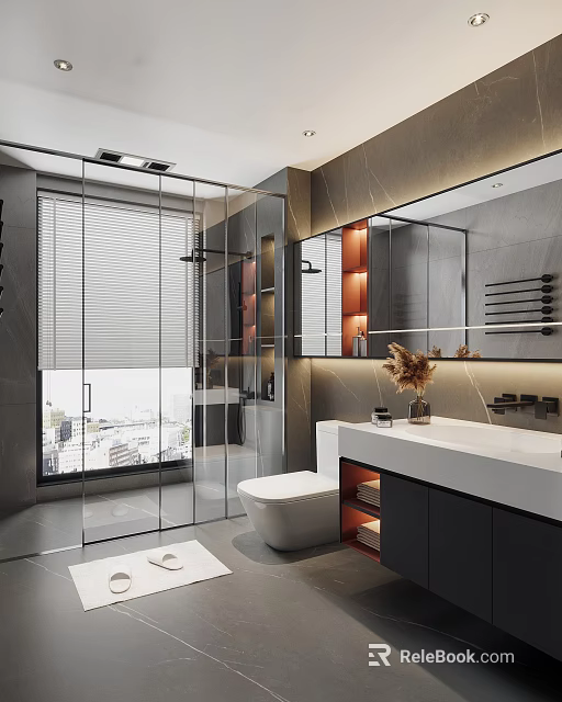 Modern Bathroom Interior With Glass Shower Blinds Large Mirror And Marble Vanity 3d model 