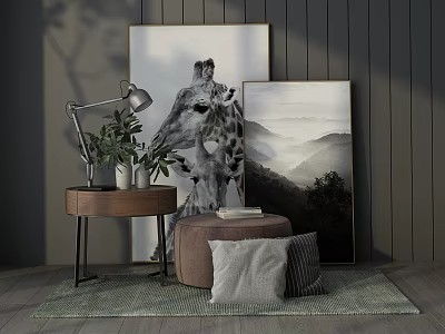 Modern Ottoman With Gray Striped Cushions Green Rug And Giraffe Painting On Dark Wall 3d model