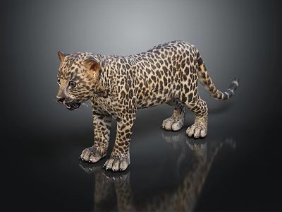 Young Leopard Cub With Spotted Fur Standing On Dark Reflective Surface 3d model