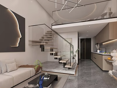 Modern Apartment Interior Design With Loft Staircase Sofa Kitchen Area And Large Artwork 3d model