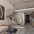 Modern Apartment Interior Design With Loft Staircase Sofa Kitchen Area And Large Artwork