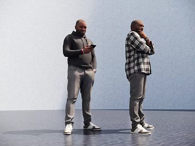 Two Men In Casual Wear One Using Phone And The Other Thinking Against Light Background 3d model