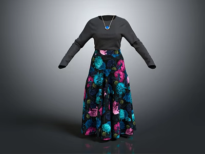 Women's Stylish Outfit Featuring Gray Long Sleeve Top And Multicolored Floral Print Skirt With Necklace 3d model