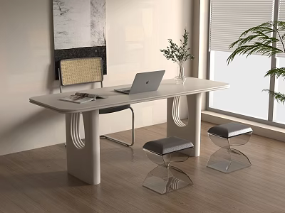 Modern White Desk Featuring Laptop Two Transparent Stools near Window Plant and Chair 3d model