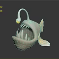 3D Model of White Anglerfish With Open Mouth Sharp Teeth Silver Fins and Bioluminescent Lure