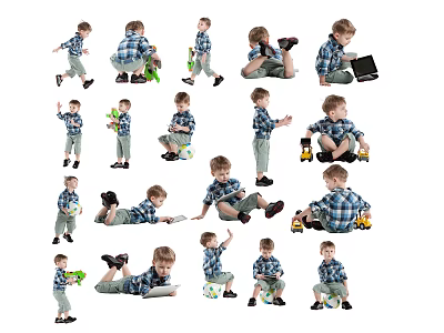 Kids In Plaid Shirts Playing With Toys In Various Poses And Activities 3d model