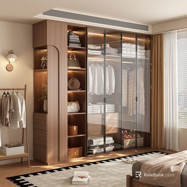 Modern Wooden Wardrobe With Glass Doors Hanging Shirts Folded Clothes And Storage Shelves 3d model 