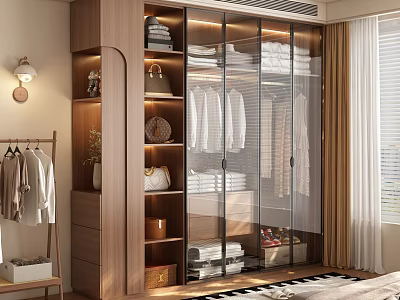 Modern Wooden Wardrobe With Glass Doors Hanging Shirts Folded Clothes And Storage Shelves 3d model