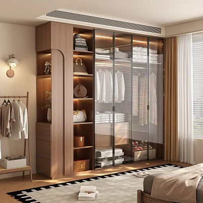 Modern Wooden Wardrobe With Glass Doors Hanging Shirts Folded Clothes And Storage Shelves 3d model