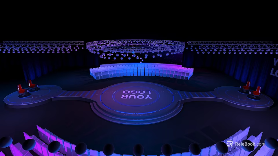 Modern Ballroom Interior With Vibrant Stage Lighting Circular Platform And Logo 3d model 