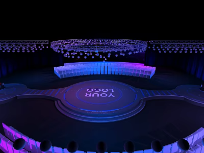 Modern Ballroom Interior With Vibrant Stage Lighting Circular Platform And Logo 3d model