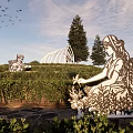 Rural Landscape With Farmer Sculptures Green Bushes Tall Trees And Flying Birds