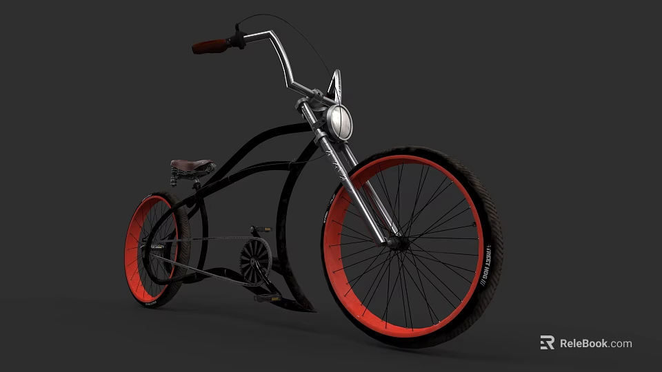 Vintage Bicycle With Black Frame Red Rims Curved Handlebars And Round Headlight 3d model 