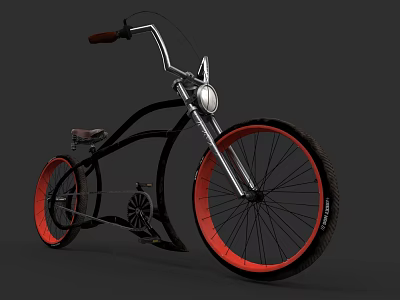 Vintage Bicycle With Black Frame Red Rims Curved Handlebars And Round Headlight 3d model