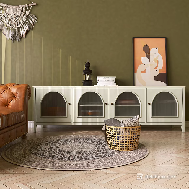 Light Colored TV Stand With Arched Mesh Glass Doors And Decorative Items On Top 3d model 