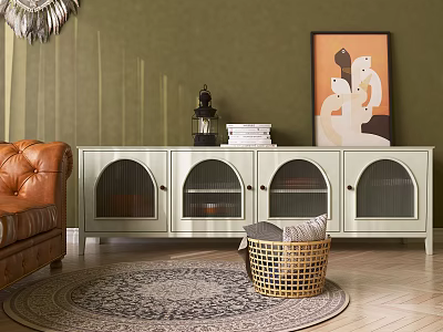 Light Colored TV Stand With Arched Mesh Glass Doors And Decorative Items On Top 3d model