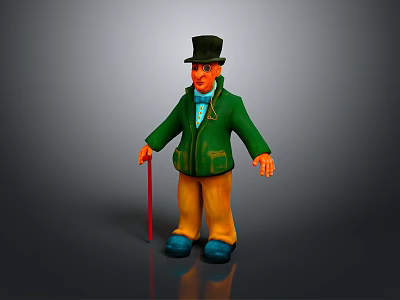 Man Wearing Green Coat Bow Tie Top Hat Yellow Pants Red Cane and Blue Shoes 3d model