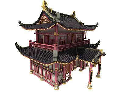 Cartoon Scenery Of Two Story Chinese Traditional Building With Curved Eaves And Golden Decorations 3d model
