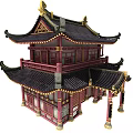 Cartoon Scenery Of Two Story Chinese Traditional Building With Curved Eaves And Golden Decorations