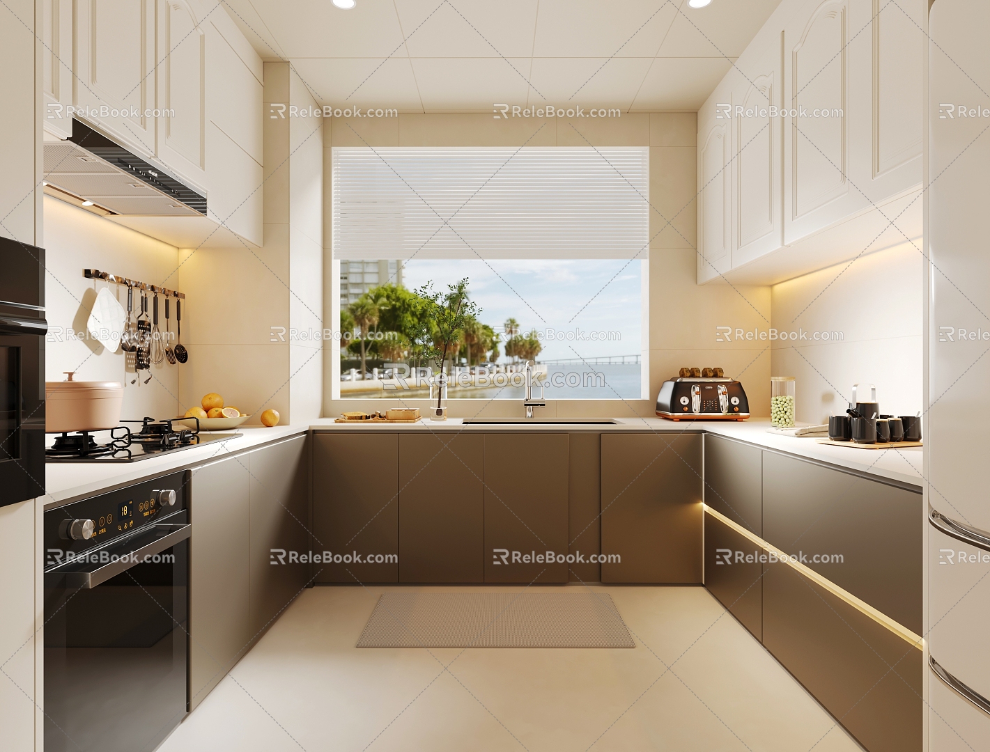 Closed kitchen top light bottom deep with refrigerator oven cabinet kitchen appliances kitchen supplies 3d model