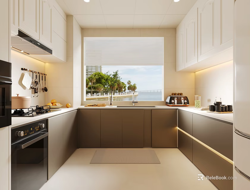 Modern Kitchen With White Gray Cabinets Window Sea View Green Plants Countertop Appliances 3d model 
