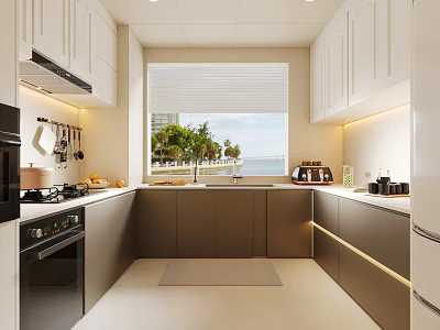Modern Kitchen With White Gray Cabinets Window Sea View Green Plants Countertop Appliances 3d model