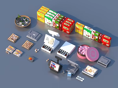 Assorted Packaged Food Items Including Snacks And Sweets On Retail Shelves 3d model