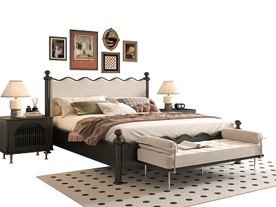 Classic Double Bed with Decorative Paintings Wooden Nightstands Table Lamps Upholstered Bench Polka Dot Rug 3d model