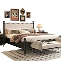 Classic Double Bed with Decorative Paintings Wooden Nightstands Table Lamps Upholstered Bench Polka Dot Rug
