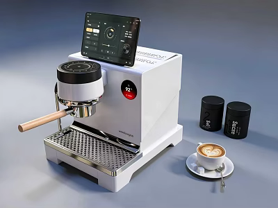 White Coffee Machine With Tablet Display And Black Jars Plus Latte Art Cup 3d model