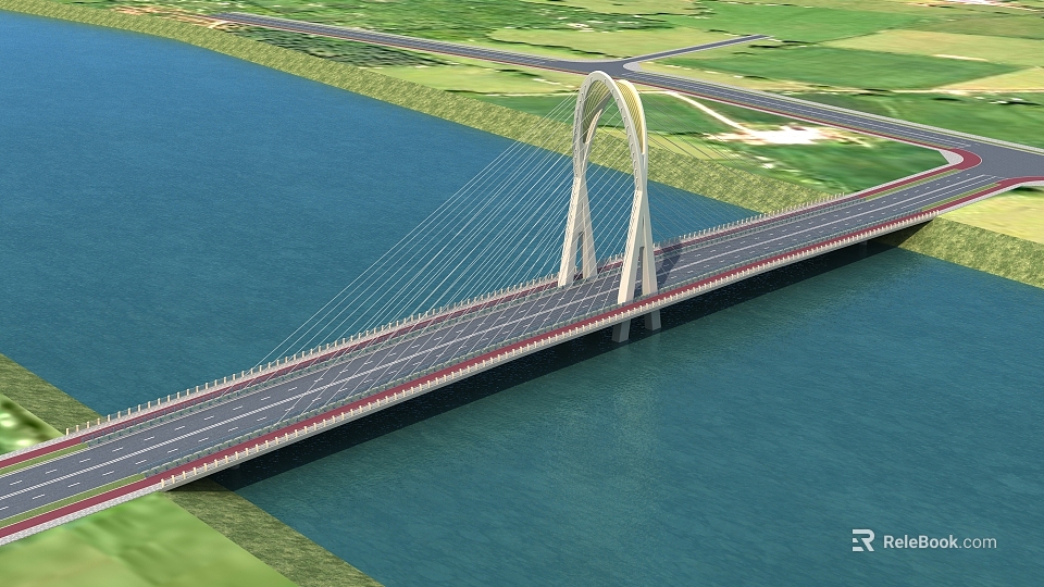Modern Arch Cable-Stayed Bridge with Road over Water and Green Land 3d model 