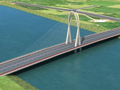 Modern Arch Cable-Stayed Bridge with Road over Water and Green Land 3d model