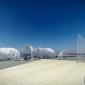 White Hollow Structured Pergolas by Waterfront With Wooden Walkway And Seating Area Under Blue Sky