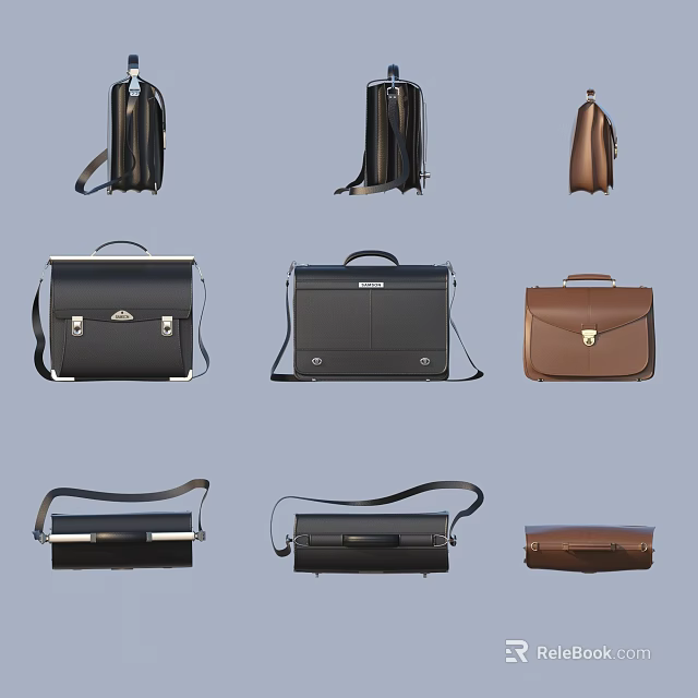 Various Stylish Leather Bags Including Briefcases Messenger Bags And Handbags In Black Brown 3d model 