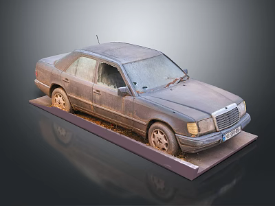 Old Rusty Car Display Model On Platform With Weathered Body And Wheels 3d model