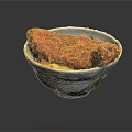 Crispy Fried Pork Cutlet Rice Bowl with Blue White Striped Bowl and Savory Sauce Topping
