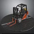 Orange Forklift With Black Cab And Red Forks On Circular Gray Ground