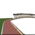 Modern Landscape Bridge With Curved White Roof Wooden Deck Railings And Green Yellow Pathway