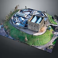 Ancient Architecture Model With Circular Layout Traditional Roofs Green Lawns And Stone Walls