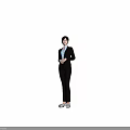 Woman in Black Suit With Blue Shirt And Black High Heels Standing