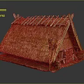 Traditional Thatched House with Triangular Moss Covered Roof Wooden Walls Wood Stack and Carved Figure