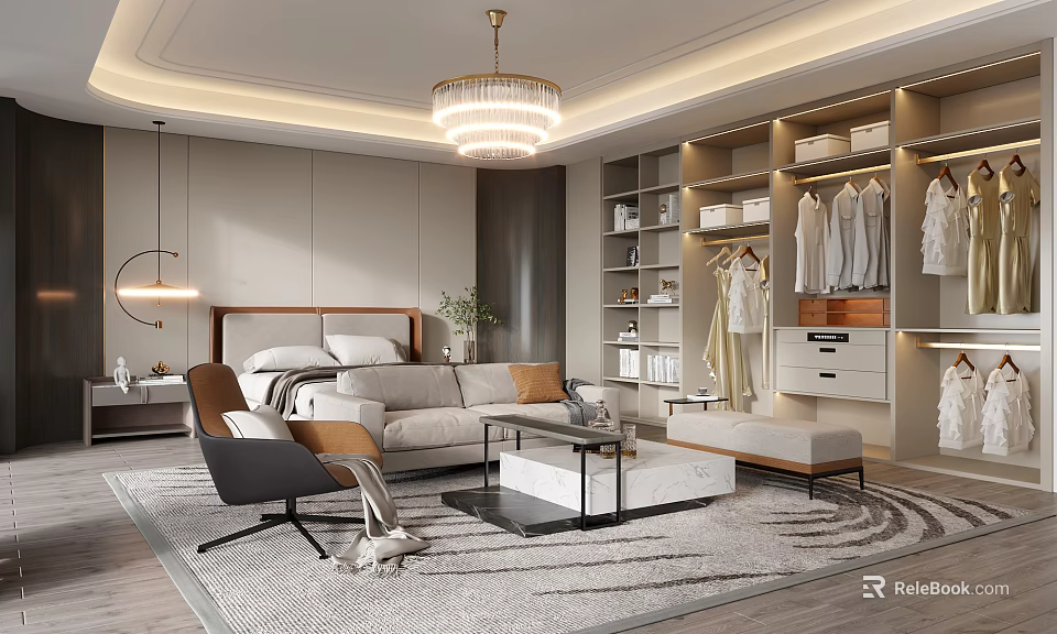 Modern Bedroom Interior Design With Chandelier Open Wardrobe Sofa Area Rug And Accent Chair 3d model 