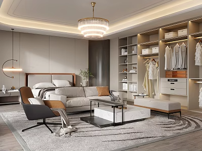 Modern Bedroom Interior Design With Chandelier Open Wardrobe Sofa Area Rug And Accent Chair 3d model