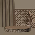 Rustic Wooden Display Shelf with Geometric Pattern and Potted Plant Accent