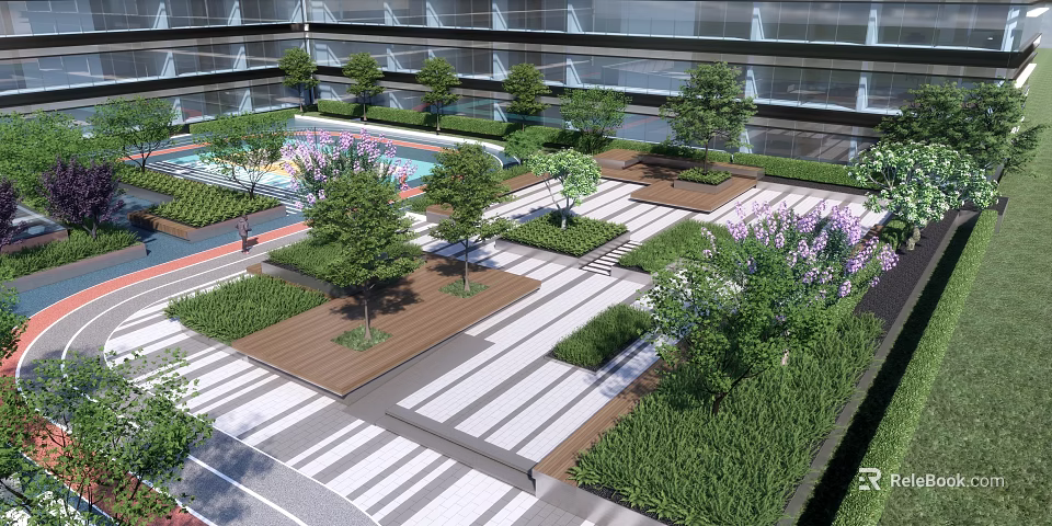 Modern Commercial Landscape with Trees Greenery Patterned Paving and Pool Area 3d model 