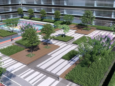 Modern Commercial Landscape with Trees Greenery Patterned Paving and Pool Area 3d model