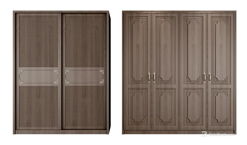 Modern Wooden Wardrobe Doors With Sliding Hinged Designs And Carved Wood Details 3d model 